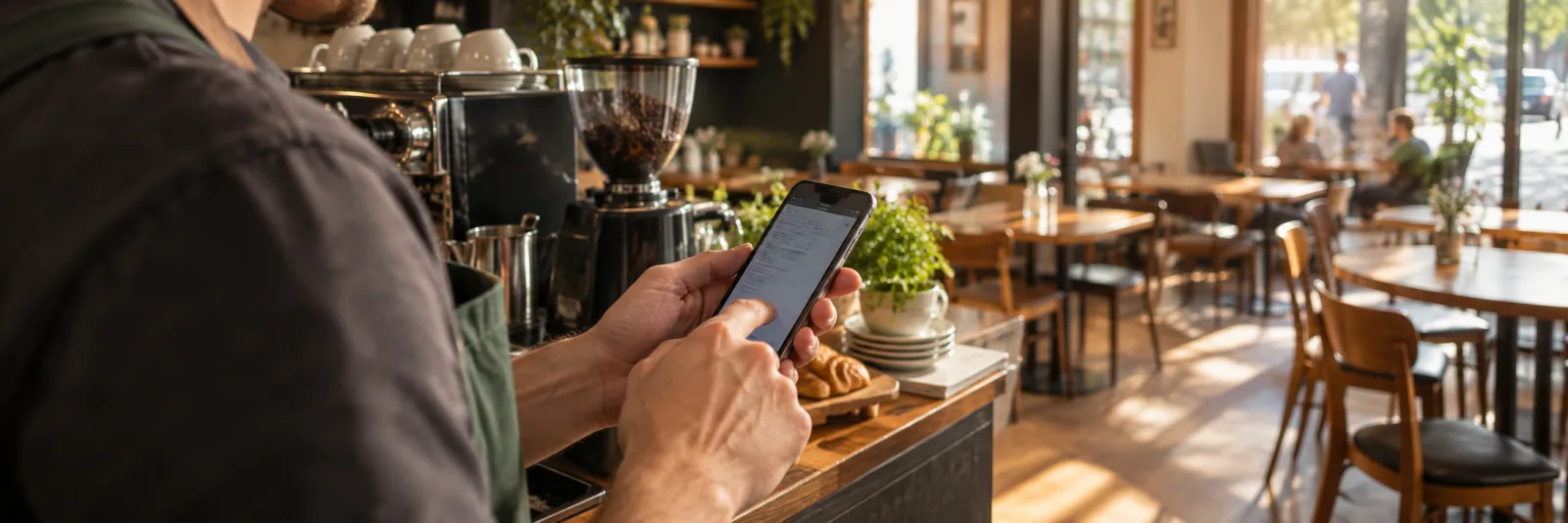 A café owner posting a deal from their phone behind the counter, with empty tables in the sunlit room behind them