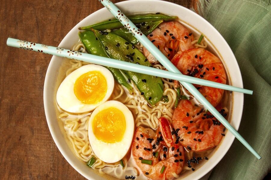 Prawn ramen bowl with soft egg
