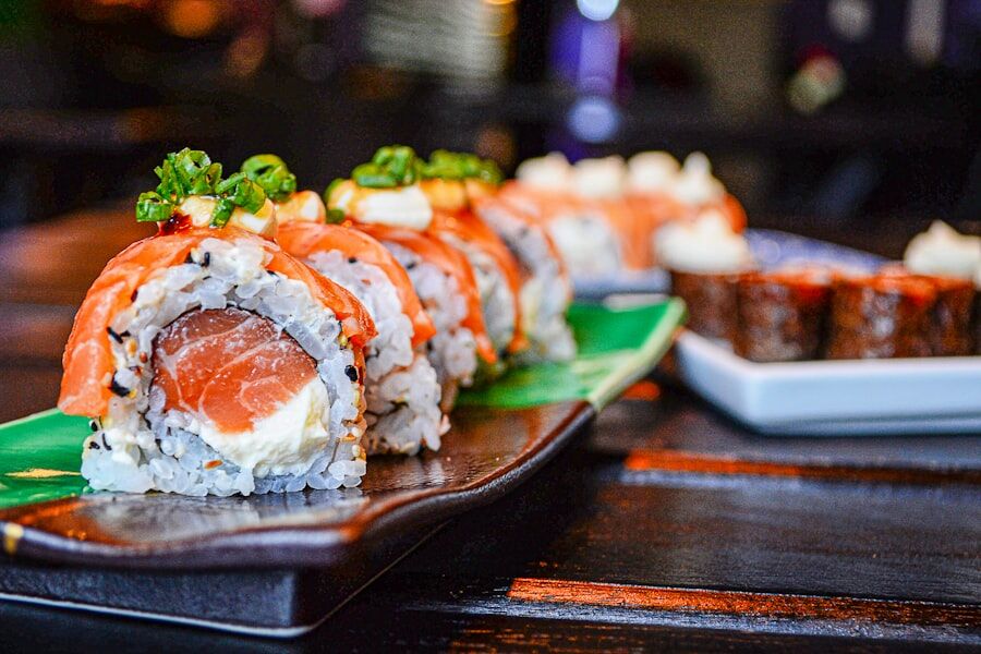 Salmon sushi rolls on a platter