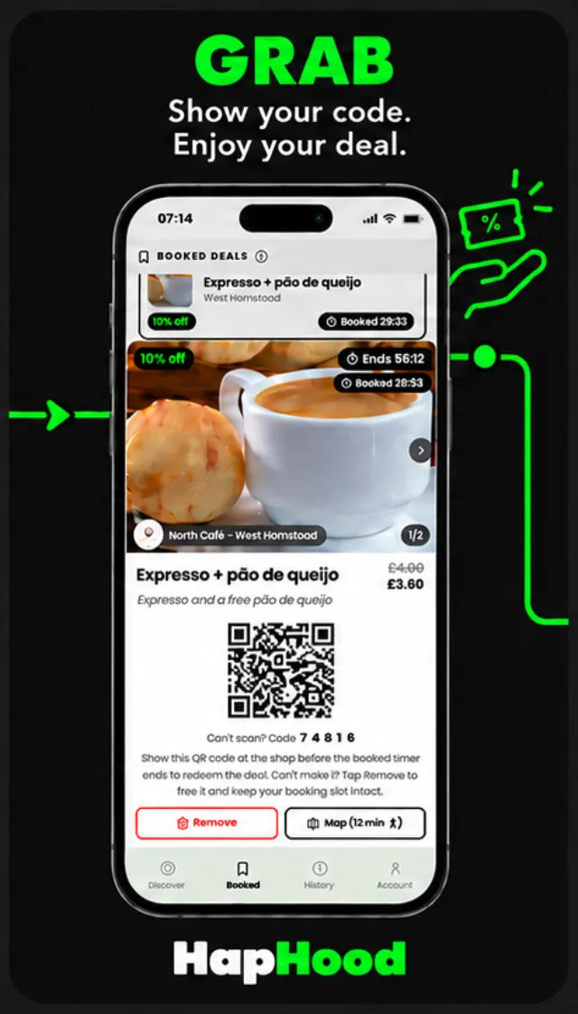 A redemption code shown in the HapHood app at the counter