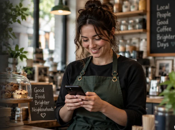 A shop owner smiling at her phone behind the counter of her café